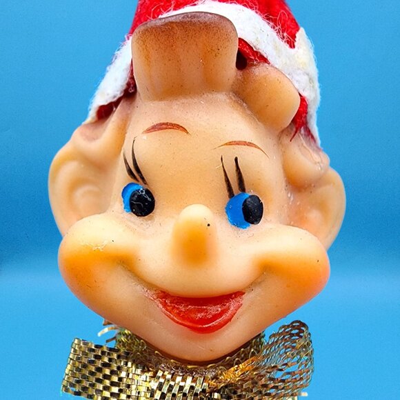 Vintage 1950s Japan Pixie Elf Lollipop Ornament Rubber Head Candy Cane Hat - Picture 5 of 11